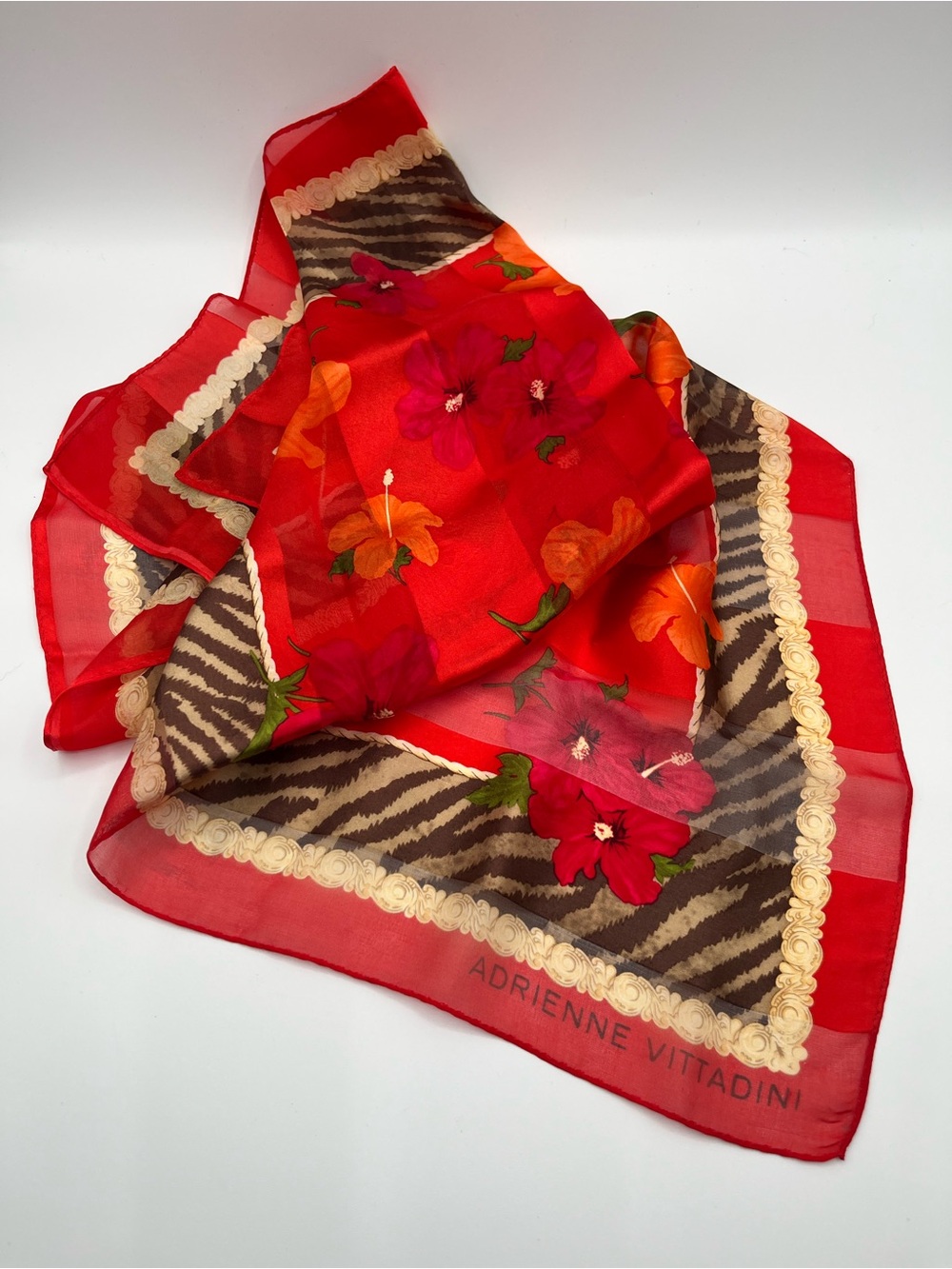 Adrienne Vittadini Red Floral & Zebra Border Silk Scarf
